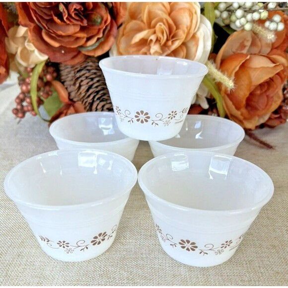 Set of 5 Vintage Dynaware Pyr-O-Rey Custard Cups - Brown Daisy Flower Pattern - Picture 2 of 6